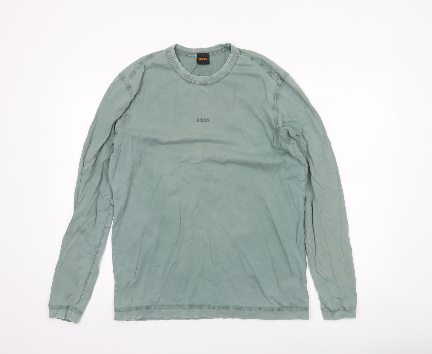 BOSS Men's Green Long Sleeve Cotton Crew Neck Top Size M