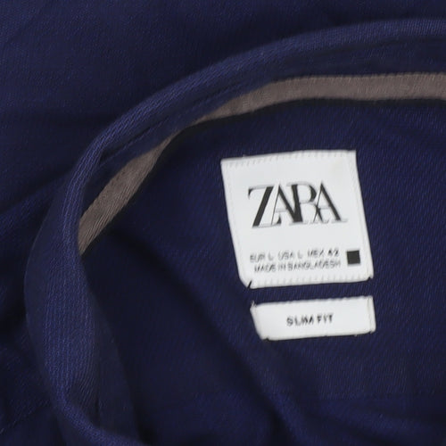 Zara Men Blue Slim Fit Long Sleeve Cotton Button-Up Shirt L