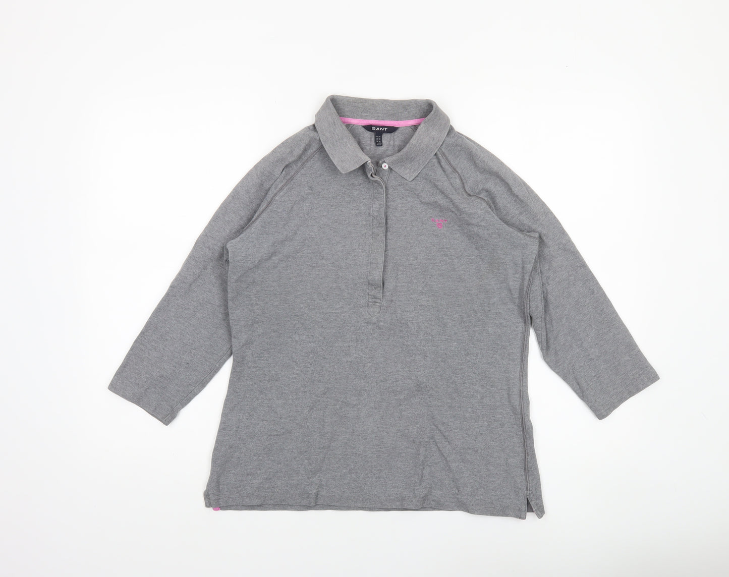 GANT Women's Grey Cotton Polo Shirt XL 3/4 Sleeve Collared Jersey Top
