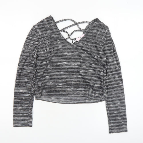 Miss Selfridge Petites Grey Striped Cropped V-Neck Long Sleeve Top UK 8