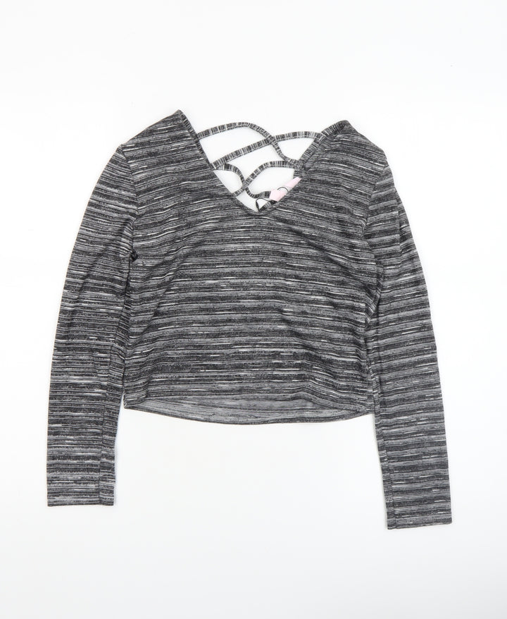 Miss Selfridge Petites Grey Striped Cropped V-Neck Long Sleeve Top UK 8