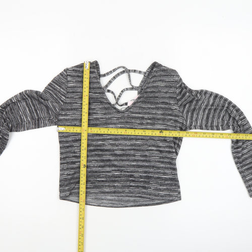 Miss Selfridge Petites Grey Striped Cropped V-Neck Long Sleeve Top UK 8