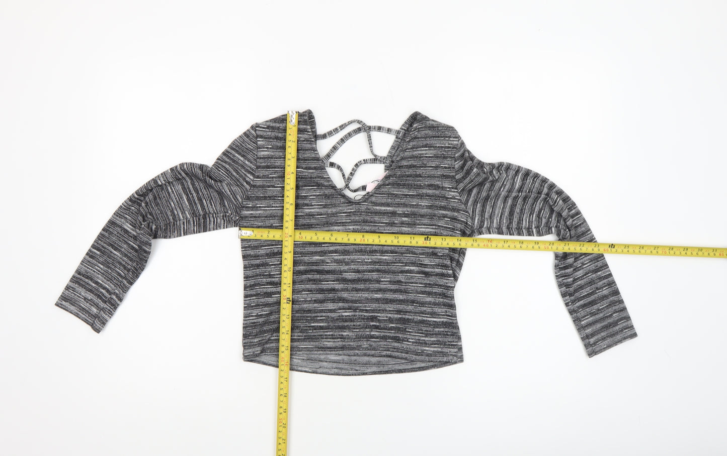 Miss Selfridge Petites Grey Striped Cropped V-Neck Long Sleeve Top UK 8