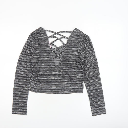 Miss Selfridge Petites Grey Striped Cropped V-Neck Long Sleeve Top UK 8