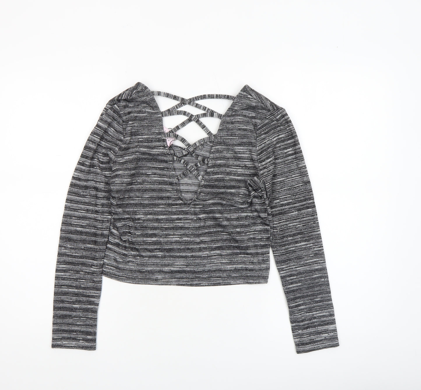 Miss Selfridge Petites Grey Striped Cropped V-Neck Long Sleeve Top UK 8