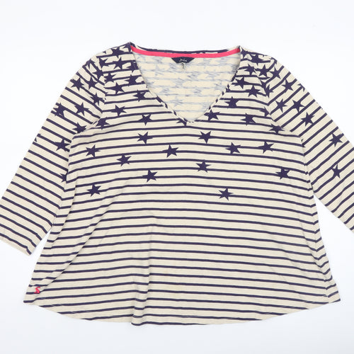 Joules Women’s Beige Navy Striped Star V-Neck Cotton T-Shirt Size 12