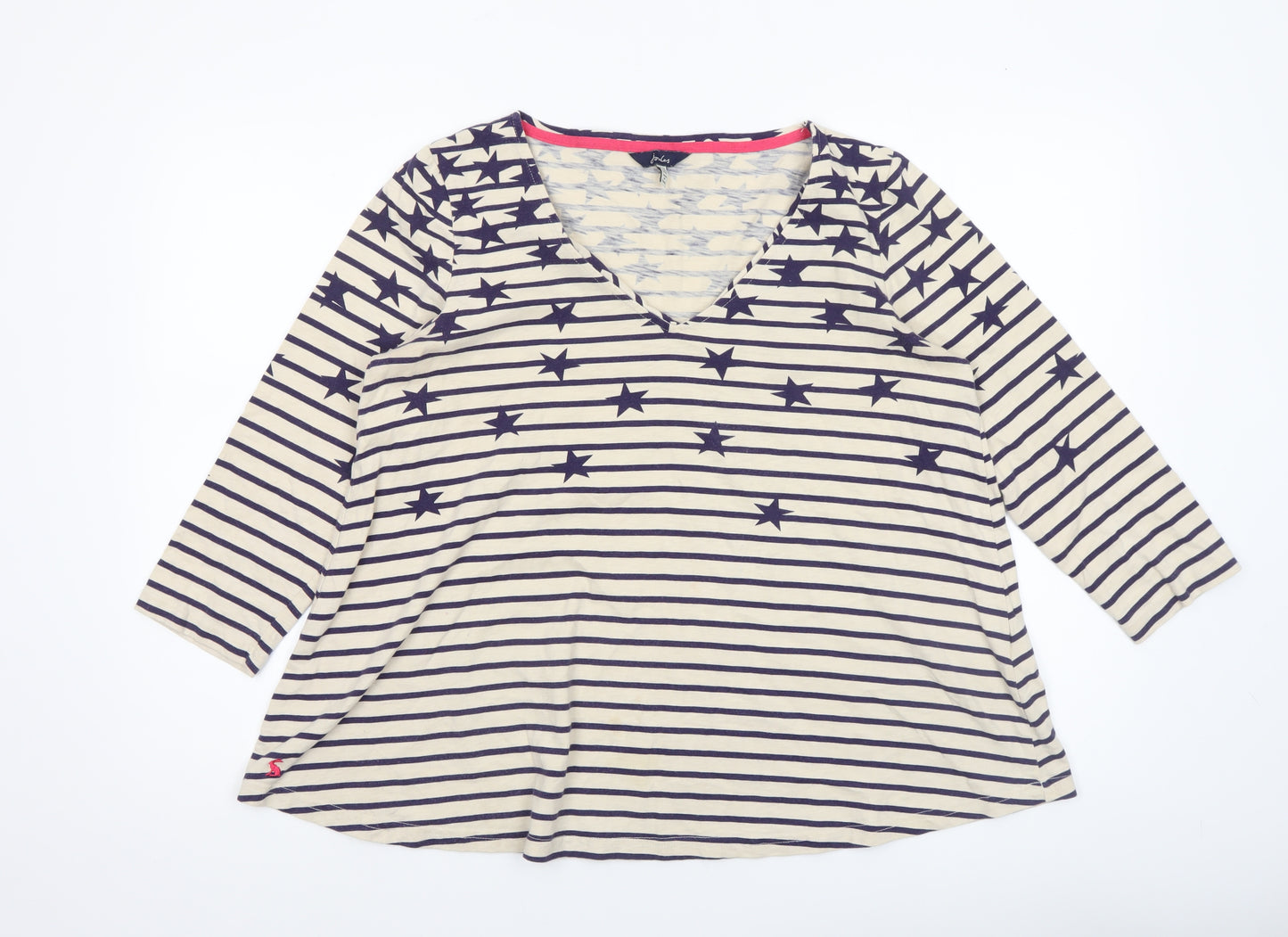 Joules Women’s Beige Navy Striped Star V-Neck Cotton T-Shirt Size 12