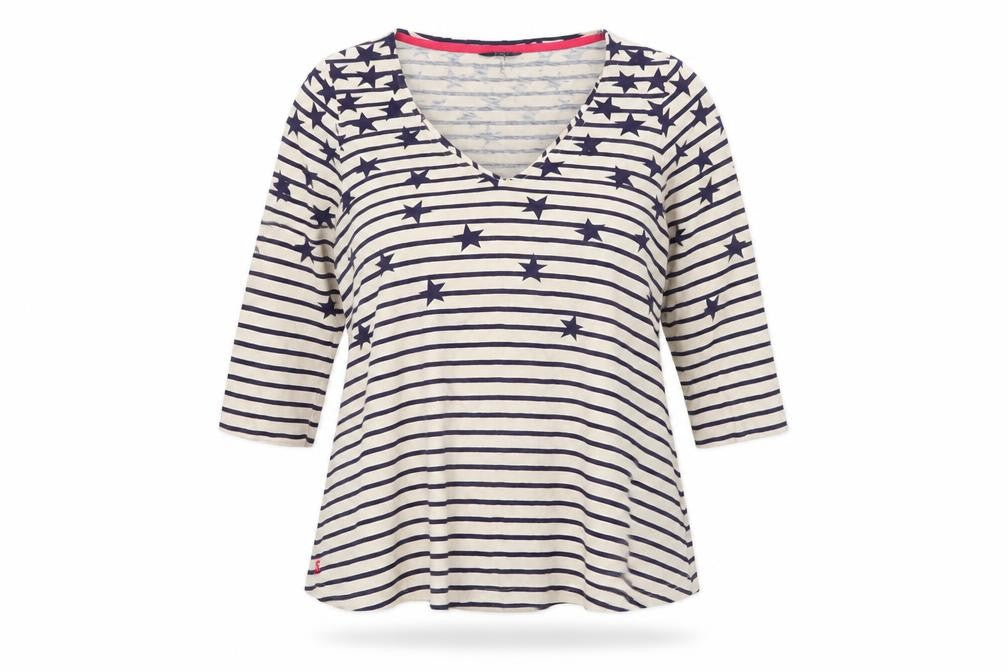 Joules Women’s Beige Navy Striped Star V-Neck Cotton T-Shirt Size 12