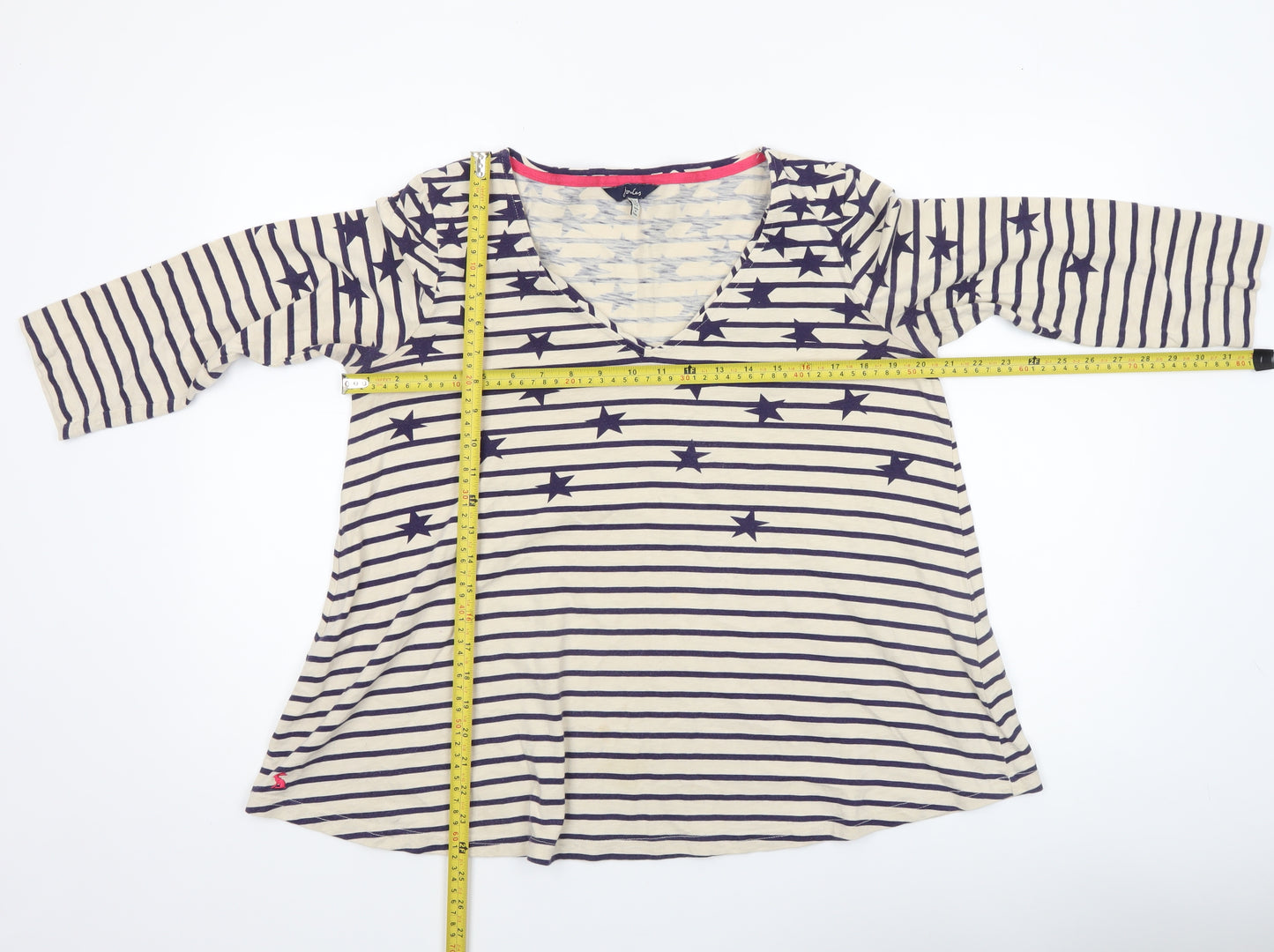 Joules Women’s Beige Navy Striped Star V-Neck Cotton T-Shirt Size 12