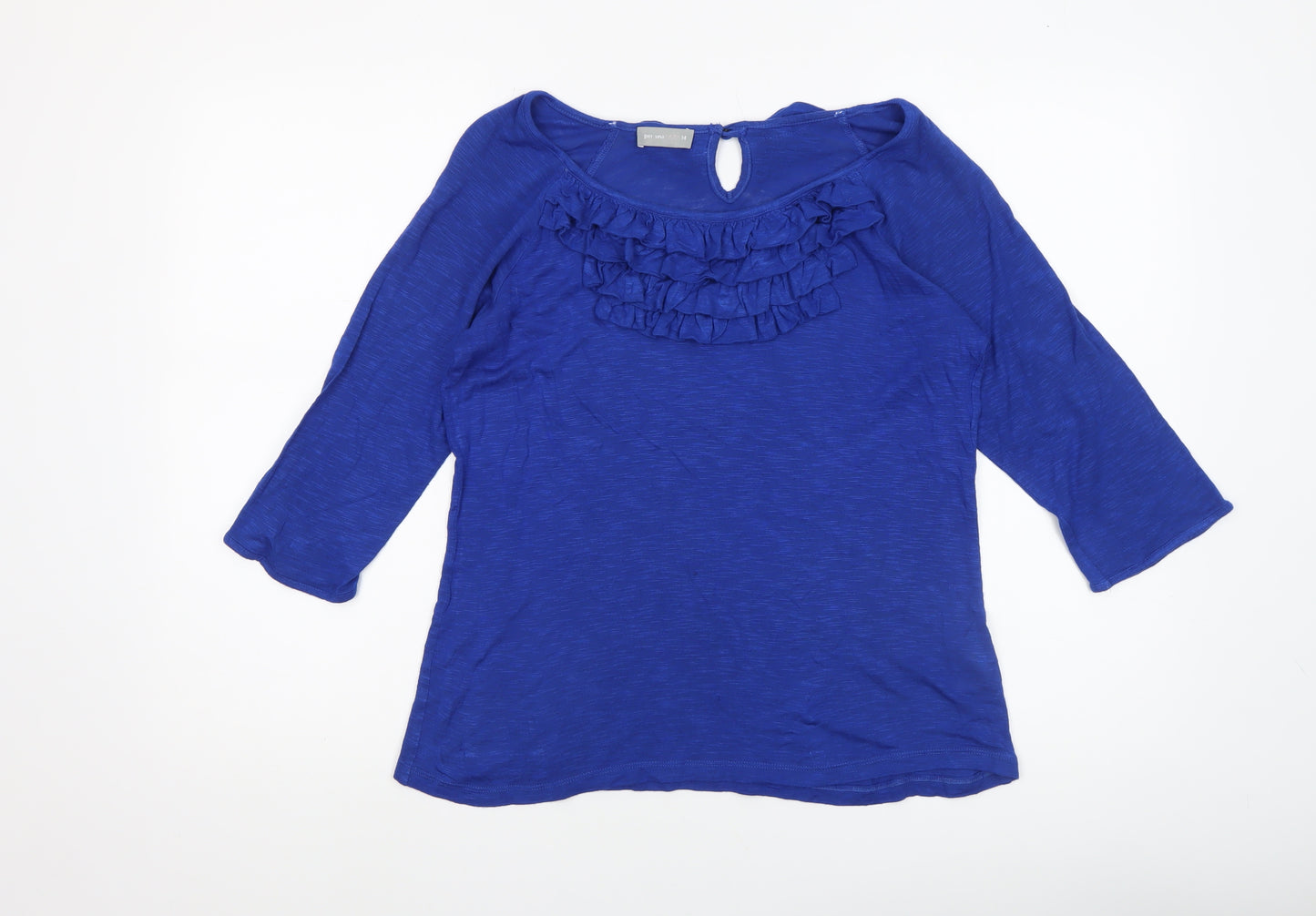 Marks and Spencer Per Una Blue Ruffle Blouse Women Size 14 3/4 Sleeve Cotton
