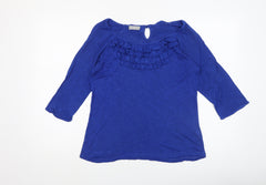Marks and Spencer Per Una Blue Ruffle Blouse Women Size 14 3/4 Sleeve Cotton