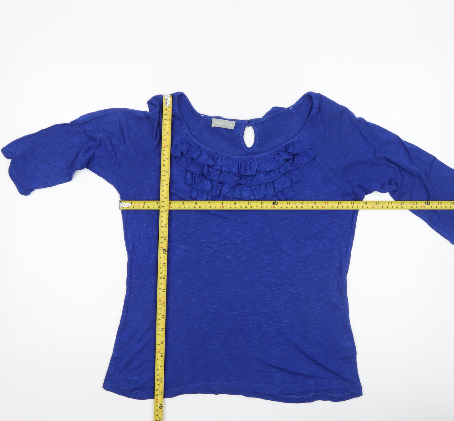 Marks and Spencer Per Una Blue Ruffle Blouse Women Size 14 3/4 Sleeve Cotton