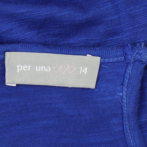 Marks and Spencer Per Una Blue Ruffle Blouse Women Size 14 3/4 Sleeve Cotton