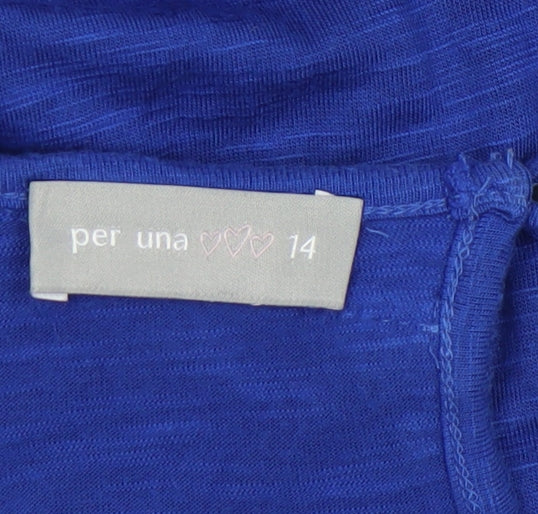 Marks and Spencer Per Una Blue Ruffle Blouse Women Size 14 3/4 Sleeve Cotton