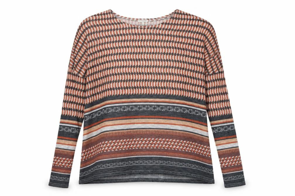 Front view of River Island women’s multicoloured geometric tunic top, size UK 10