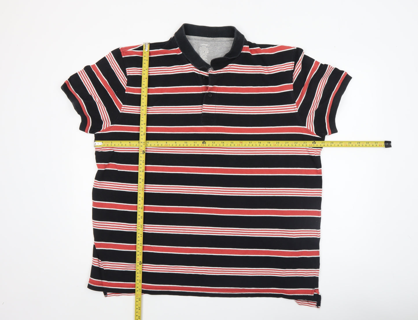 George Men's Black Red Striped Cotton Polo Shirt XL Short Sleeve