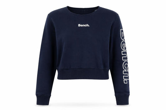 Front view of Bench women’s navy blue logo crew neck pullover sweatshirt uk 8