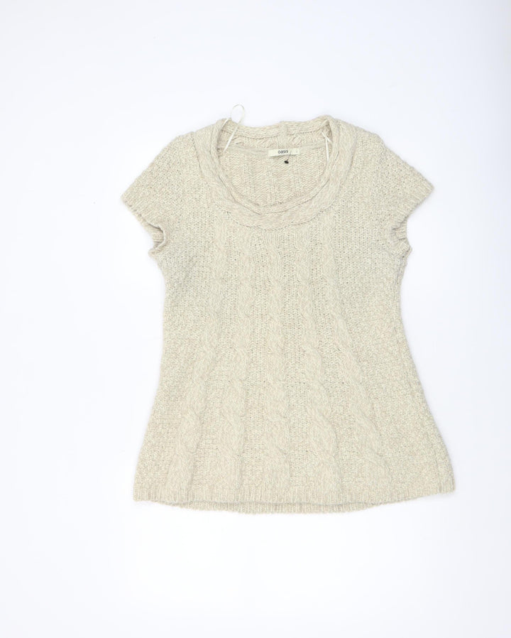 Oasis Women Beige Cable Knit Short Sleeve Pullover Jumper L