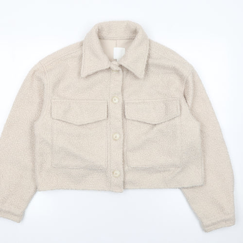 H&M Women Beige Cropped Teddy Fleece Button Jacket Size 12