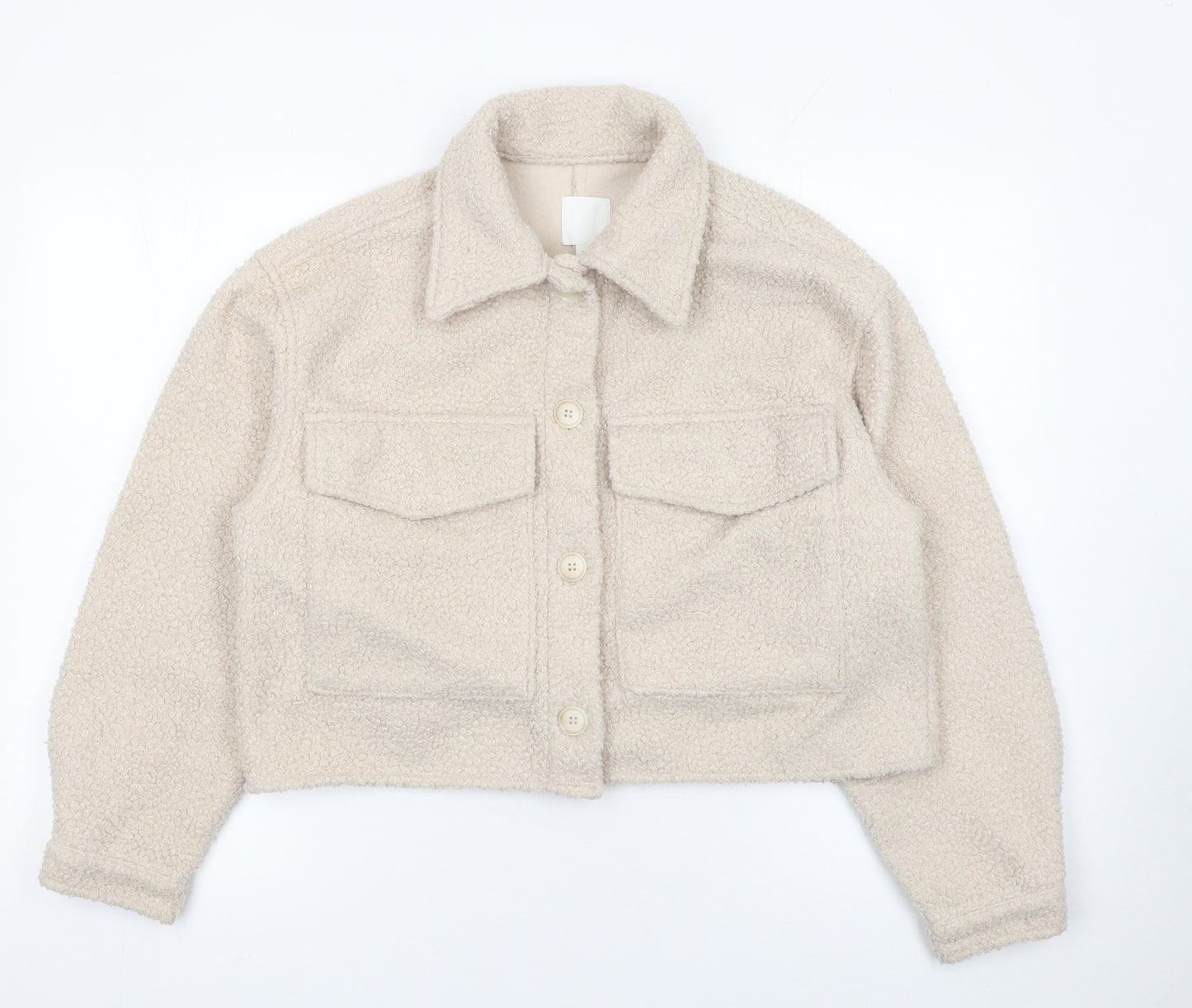 H&M Women Beige Cropped Teddy Fleece Button Jacket Size 12