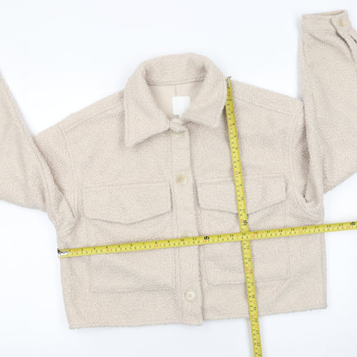 H&M Women Beige Cropped Teddy Fleece Button Jacket Size 12