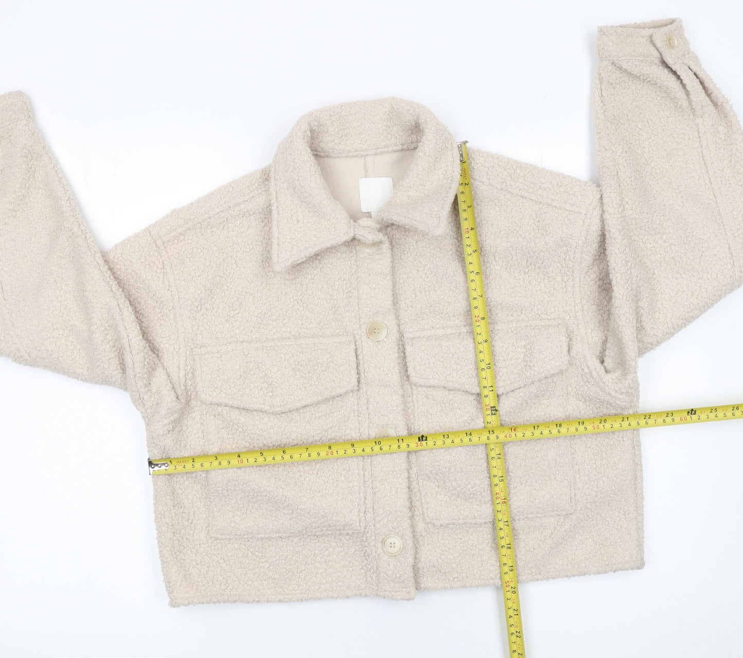 H&M Women Beige Cropped Teddy Fleece Button Jacket Size 12