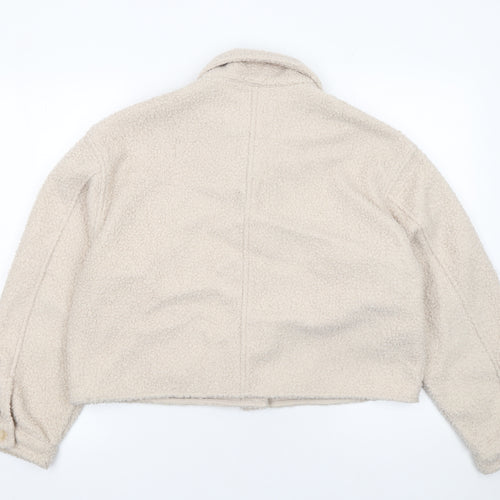 H&M Women Beige Cropped Teddy Fleece Button Jacket Size 12