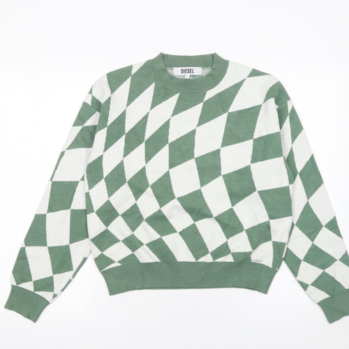 Diesel Women's Green Geometric Knit Crew Neck Jumper Medium