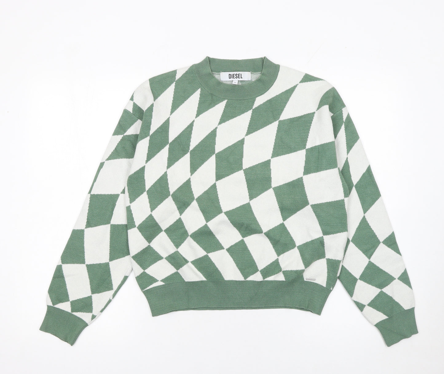 Diesel Women's Green Geometric Knit Crew Neck Jumper Medium