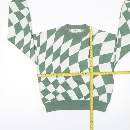 Diesel Women's Green Geometric Knit Crew Neck Jumper Medium