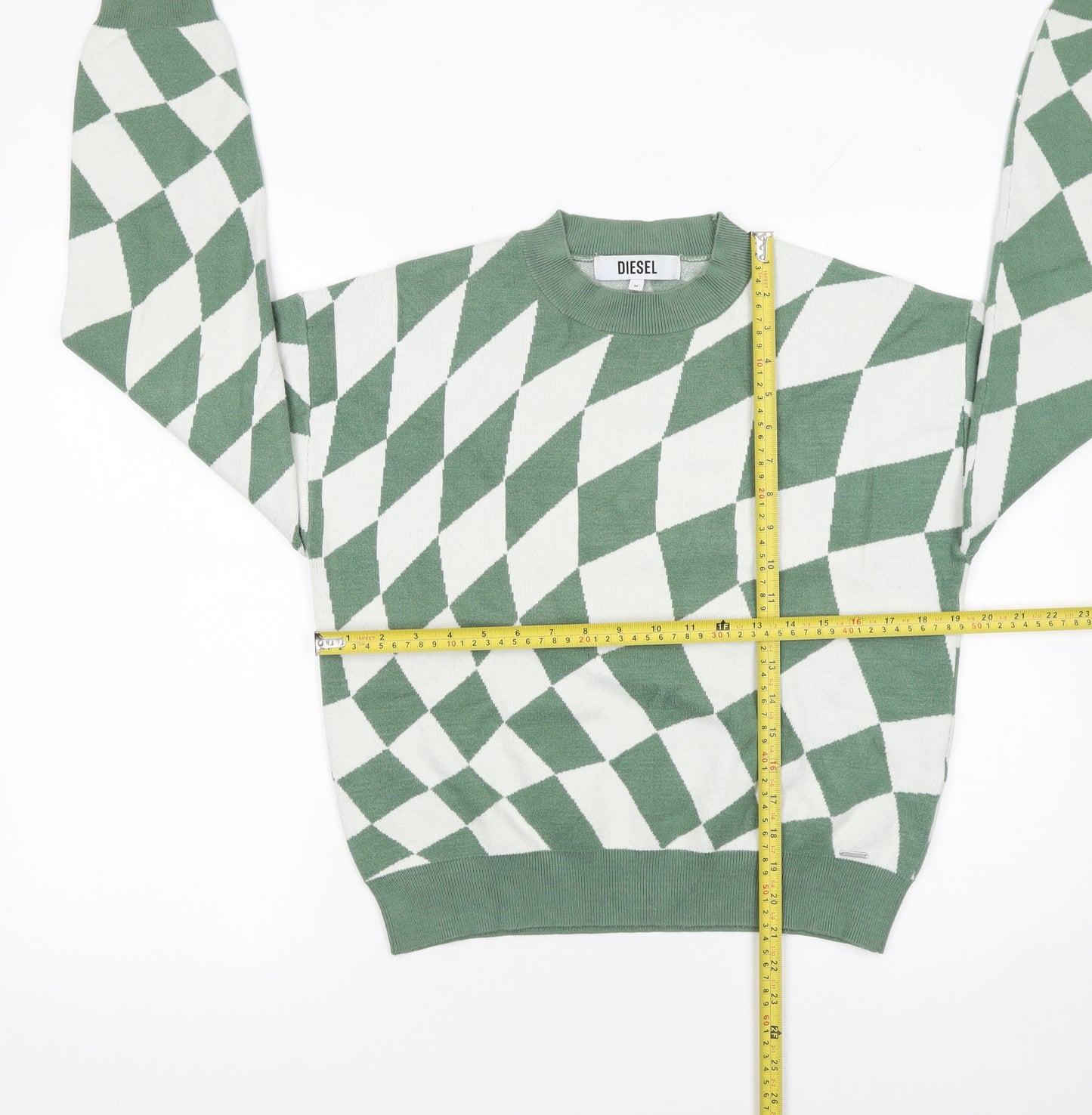 Diesel Women's Green Geometric Knit Crew Neck Jumper Medium