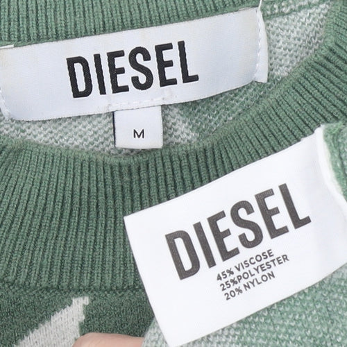Diesel Women's Green Geometric Knit Crew Neck Jumper Medium