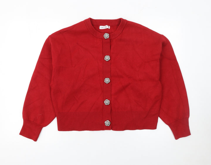 Gallery Women Red Cardigan Medium Viscose Blend Floral Button Knit
