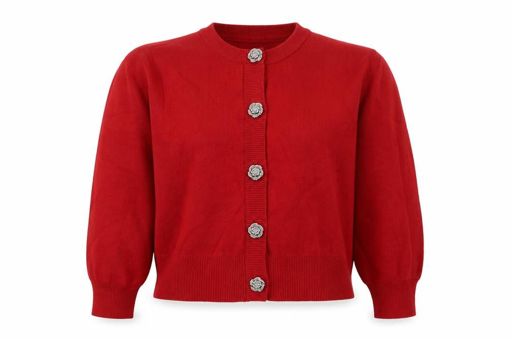 Front view of Gallery Women Red Cardigan Medium Viscose Blend Floral Button Knit