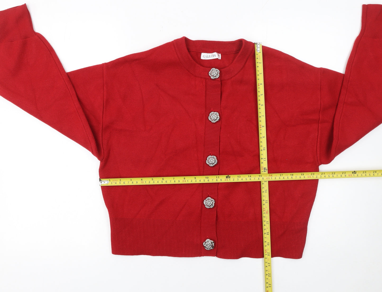 Gallery Women Red Cardigan Medium Viscose Blend Floral Button Knit