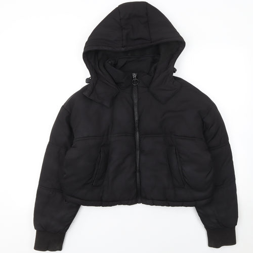 Topshop Women Black Cropped Hooded Puffer Jacket Size 6