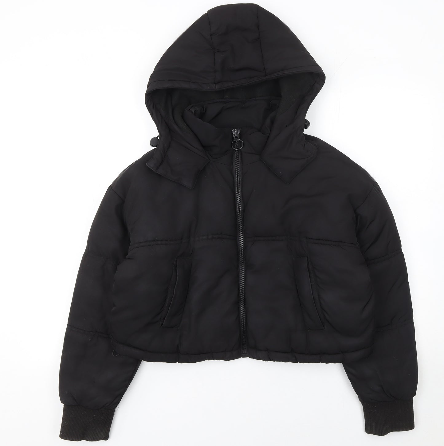 Topshop Women Black Cropped Hooded Puffer Jacket Size 6