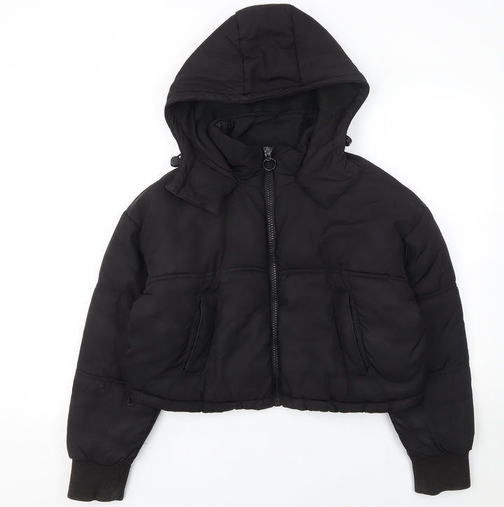 Topshop Women Black Cropped Hooded Puffer Jacket Size 6