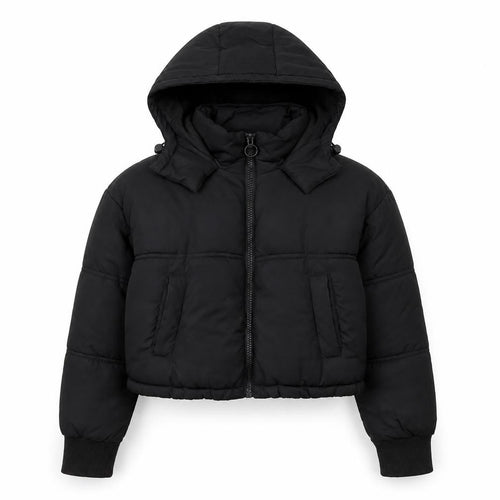 Topshop Women Black Cropped Hooded Puffer Jacket Size 6