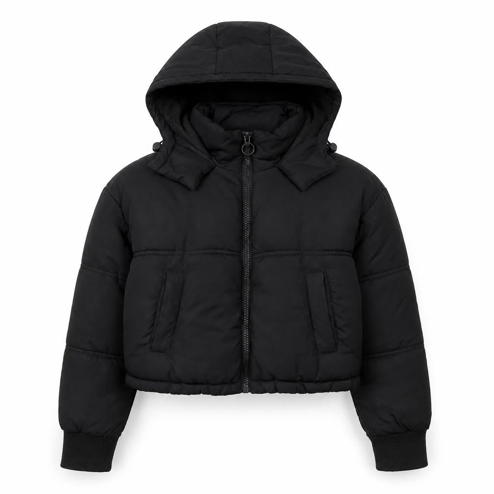 Topshop Women Black Cropped Hooded Puffer Jacket Size 6