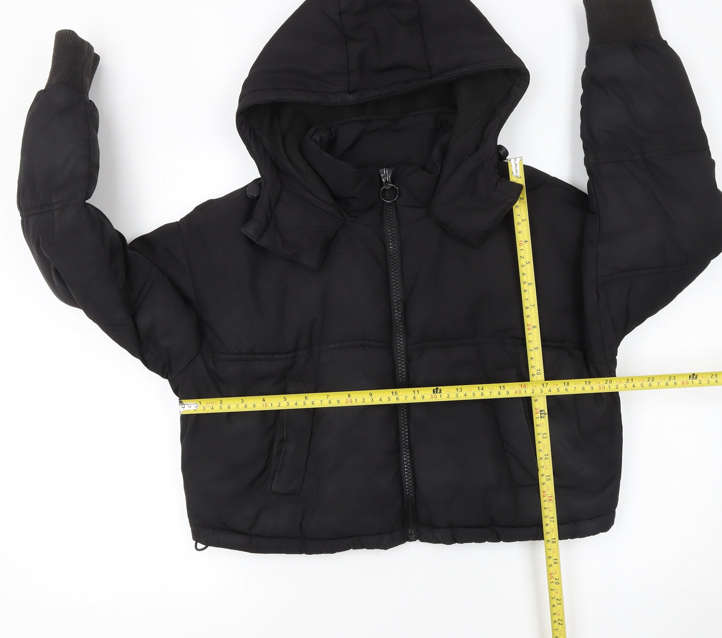 Topshop Women Black Cropped Hooded Puffer Jacket Size 6