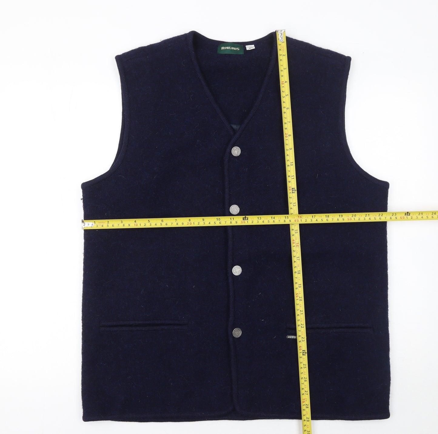 Rowland's Womens Blue Wool Button Vest Jumper XL V-Neck Knit