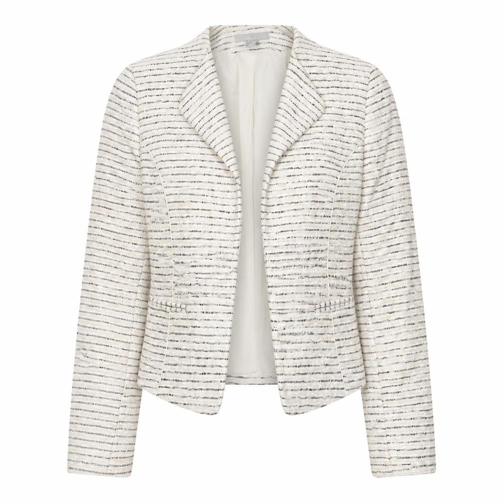 Front view of H&M Women Ivory Bouclé Striped Blazer, size 8, Tailored Jacket