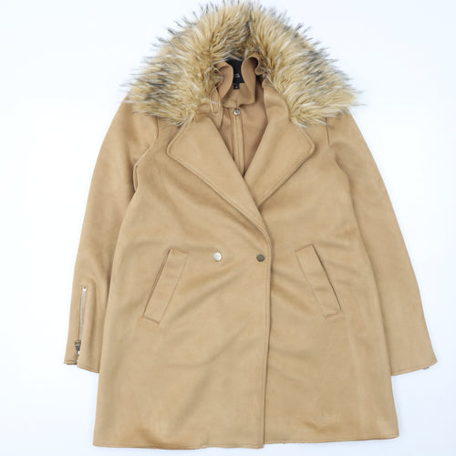 River Island Women Beige Faux Fur Trim Overcoat Size 10
