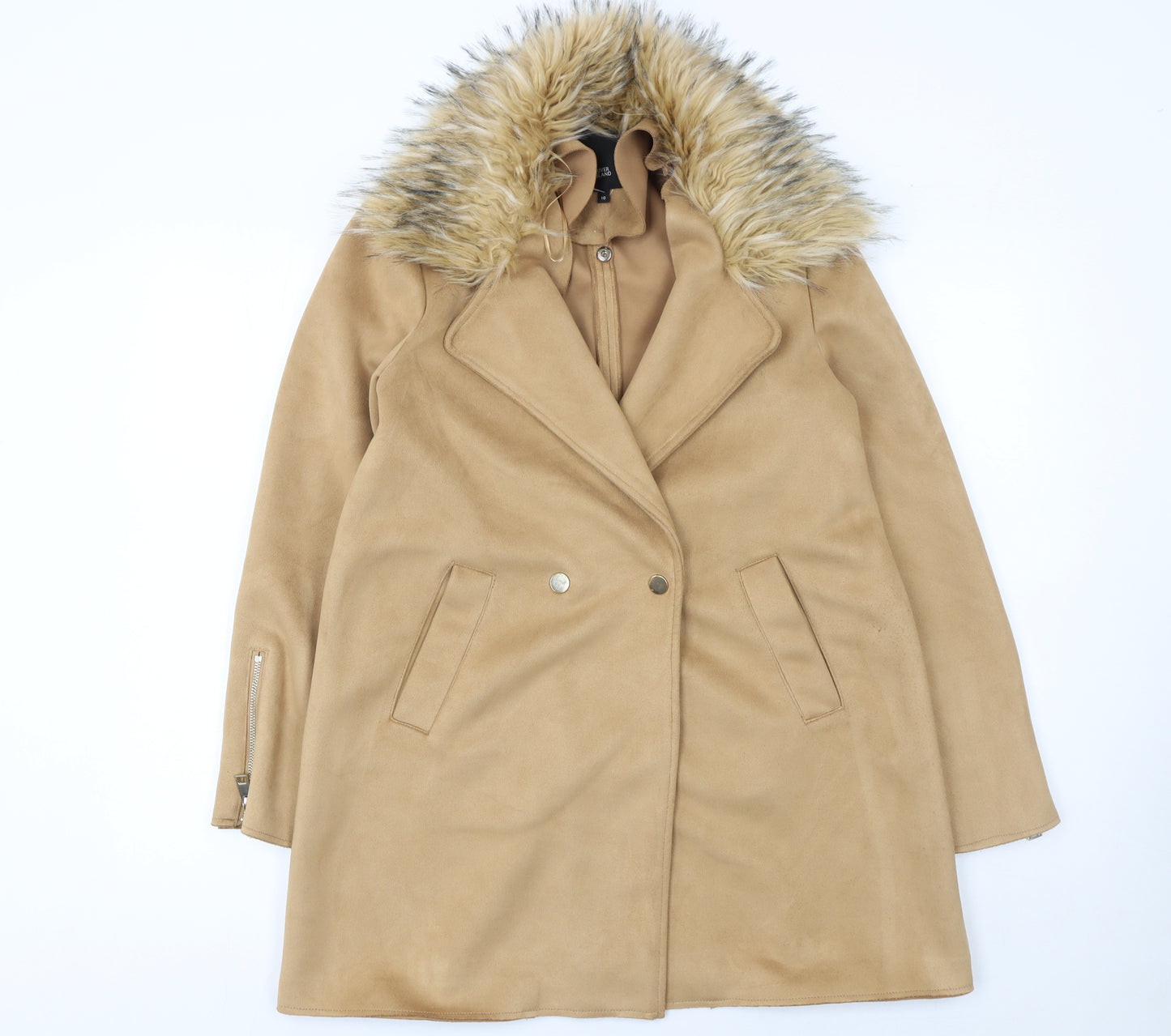 River Island Women Beige Faux Fur Trim Overcoat Size 10