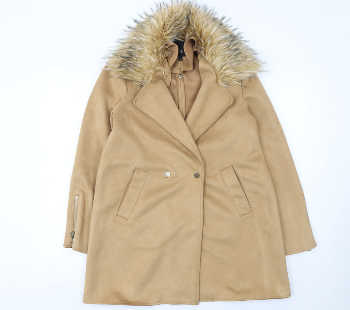 River Island Women Beige Faux Fur Trim Overcoat Size 10
