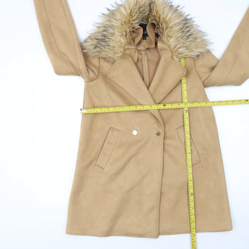 River Island Women Beige Faux Fur Trim Overcoat Size 10