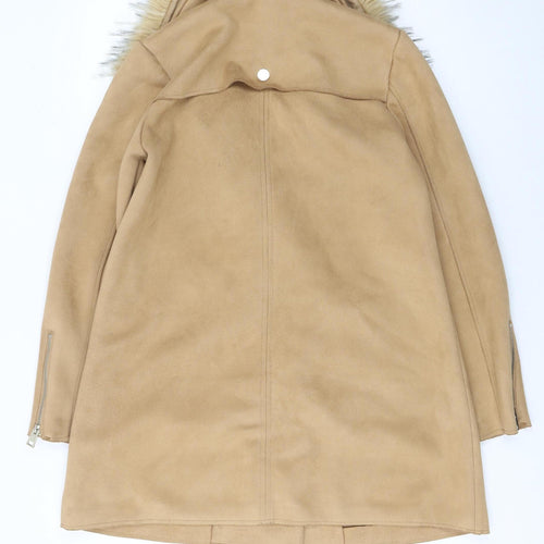 River Island Women Beige Faux Fur Trim Overcoat Size 10