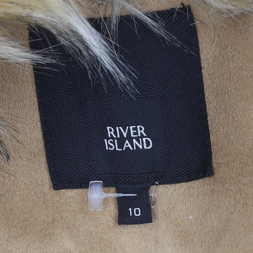 River Island Women Beige Faux Fur Trim Overcoat Size 10