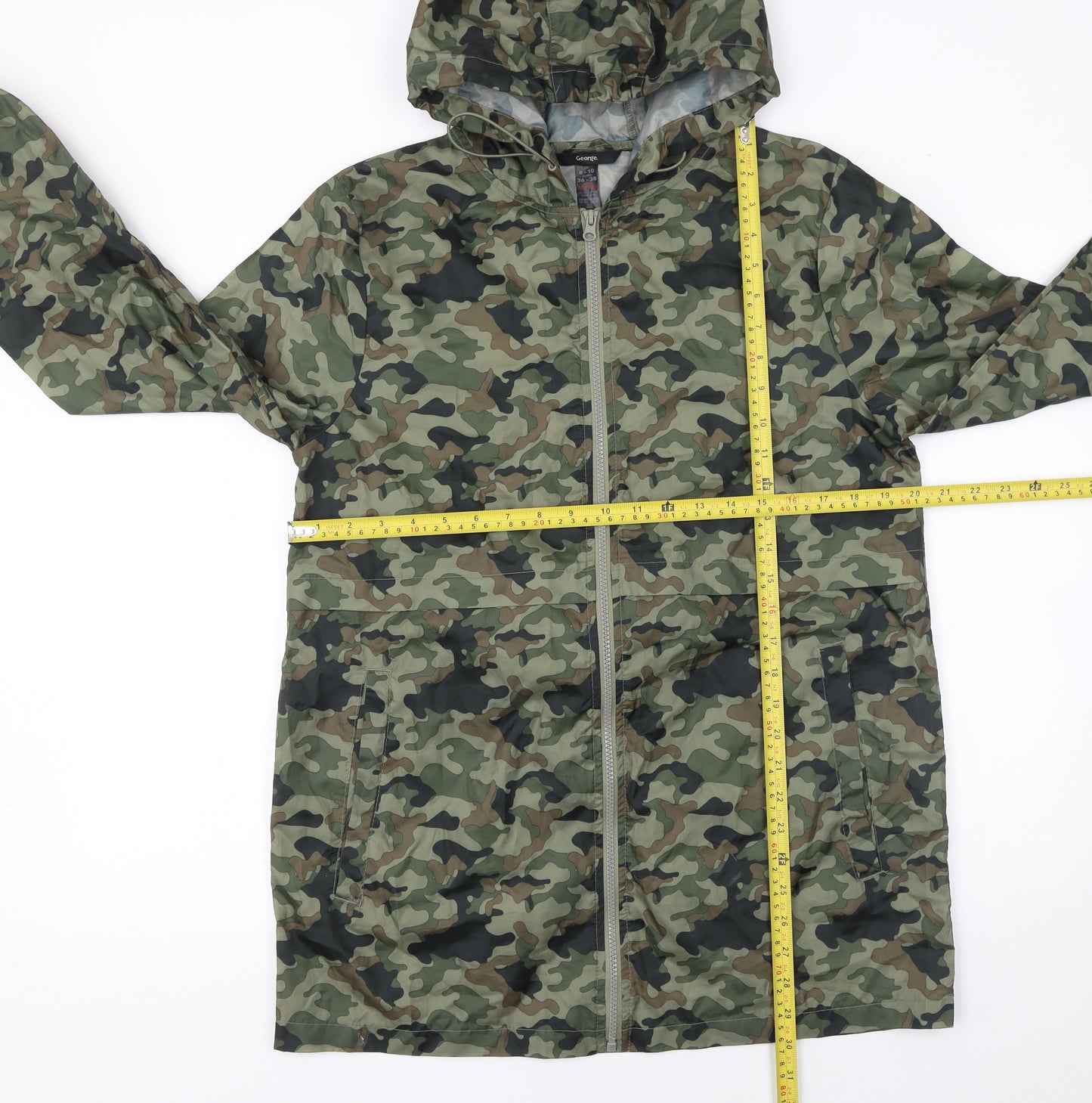 George Women’s Green Camouflage Hooded Lightweight Rain Coat Jacket Size 8
